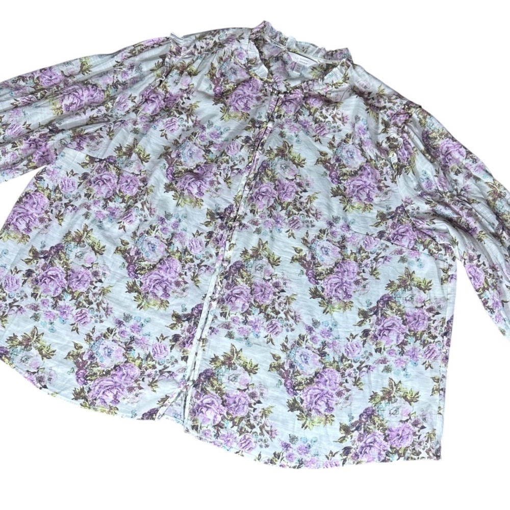 LC Lauren Conrad Blouse Women 4X Purple Floral Ruffle Neck Balloon Sleeve Top